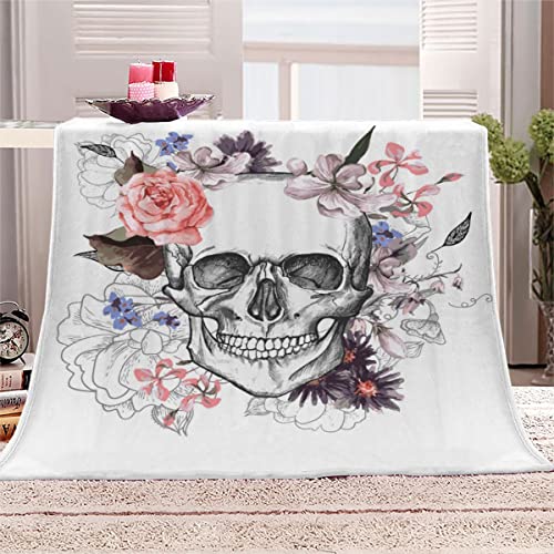 NOTRYA Skelett Gothic Kuscheldecken 180x220 cm Decke Totenkopf Und Blumen 3D-Digitaldruck Weich Flanelldecke für Kinder Erwachsene Sofaüberwurf Decke von NOTRYA