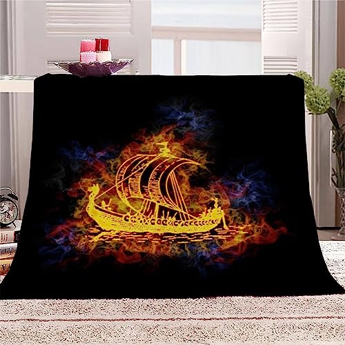 NOTRYA Wikingerschiff Flamme Kuscheldecken 180x220 cm Decke Vintage Wikinger Schwarz 3D-Digitaldruck Weich Flanelldecke für Kinder Erwachsene Sofaüberwurf Decke von NOTRYA