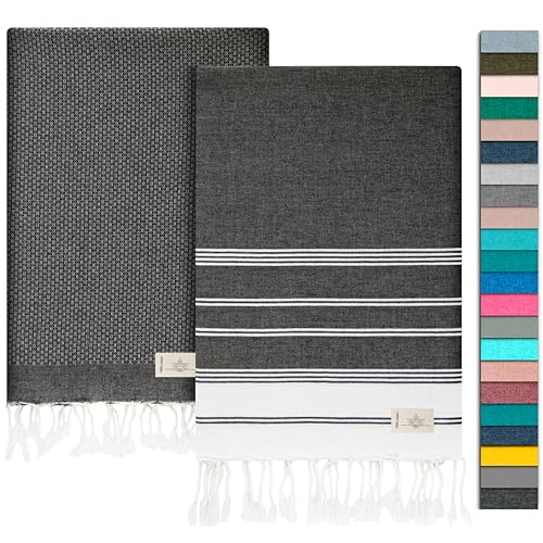 NOUR Hamamtuch Strandtuch | 2er Pack | groß 100x200 cm | aus 100% Baumwolle | Picknickdecke | Saunatuch | Extra leicht | saugstark | schnelltrocknend | Sandfrei (Schwarz) von NOUR