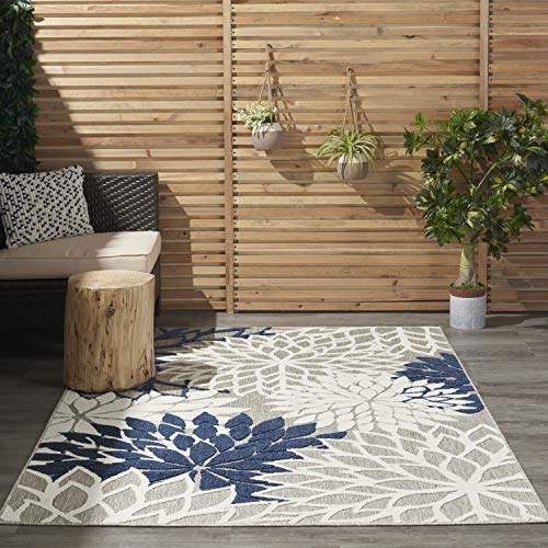 Nourison Aloha Teppich für drinnen und draußen, florales Muster, 120 x 150 cm, elfenbeinfarben/Marineblau von NOURISON