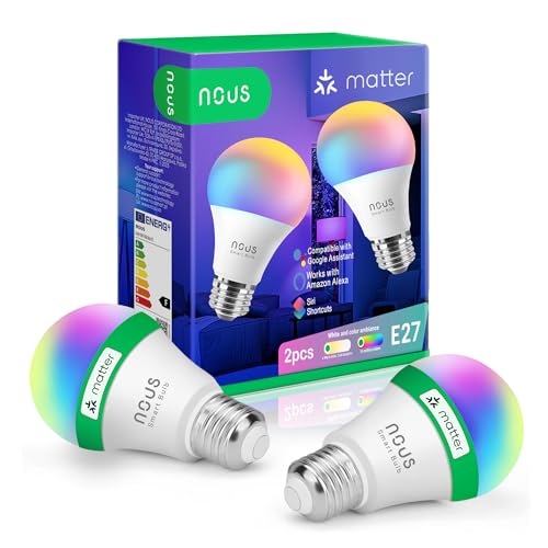 NOUS P3 Smarte WIFI Glühbirne RGB E27, Kompatibel mit Matter, Alexa, Home Assistant & Apple HomeKit, Smart Home, Fernbedienung, LED Lampe Farbwechsel, RGB Glühbirne, 2.4 GHz WiFi von NOUS