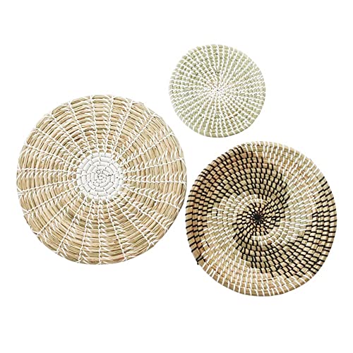 NOUVARis Satz Von 3 Wanddekor WeidenköRbe NatüRlich Gewebtes Seegras HäNgende Flache KöRbe Ornament Boho Runder Korb für Wanddekor von NOUVARis