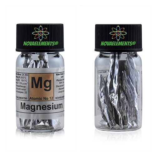 Magnesium Metallelement 12 glänzende Blätter, 99,9% in Glasfläschchen - Magnesium Metallelement 12 99,9% aus Glas Vial von Novaelements
