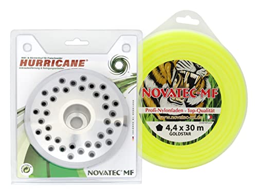 Mähkopf Hurricane Set - Fadenkopf Freischneider Rasentrimmer Motorsense inkl. Fadenspule/Mähfaden 4,4 mm x 30 m von NOVATEC MF