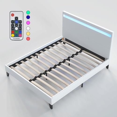 sensoreve Bett mit Lattenrost, Kopfteil mit integrierten LED-Leuchten, Kunstlederbezug (Weiß, 120 x 190 cm) von NOVEMBER