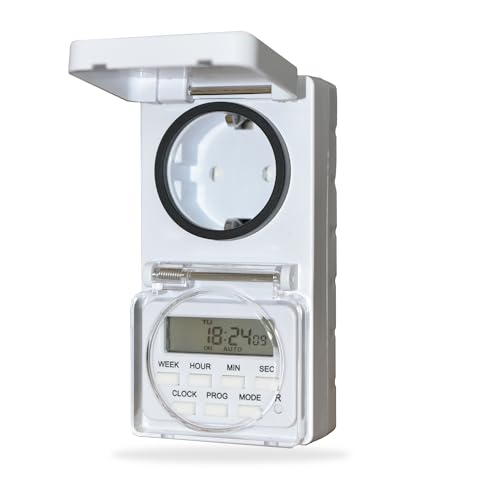 NOVKIT Digitale Zeitschaltuhr Steckdose für den Außenbereich mit 8 sekundengenaue Programme und einbruchsicheren Zufallsschaltung(230V / 16A / 3680W) von NOVKIT