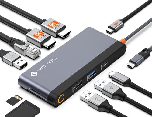 NOVOO Docking Station Dual HDMI USB C Hub 2 HDMI 8K@30Hz/4K@60Hz, Gigabit Ethernet, 4X USB C/USB A Ports, PD 100W Schnellladen, SD/TF Kartenleser für MacBook Dell Surface HP(40cm Kabel) von NOVOO