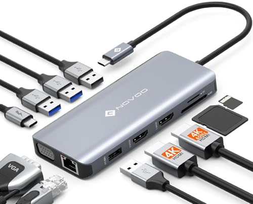 NOVOO USB C Docking Station Triple Display 11 in 1 Dual 4K@60Hz HDMI USB C Hub VGA Adapter Gigabit Ethernet 100W PD,4 USB Datenports,SD/TF Multiport Dock für MacBook M1 M2 HP Dell Lenovo Surface von NOVOO