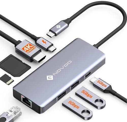 NOVOO USB C Hub 4K@60Hz HDMI 8-in-1 Adapter Gigabit Ethernet Docking Station mit 100W PD, SD/TF Kartenleser, 2 USB-A 3.0+1 USB-C Datenports für MacBook Pro,MacBook Air,HP und mehr Typ C Geräten von NOVOO