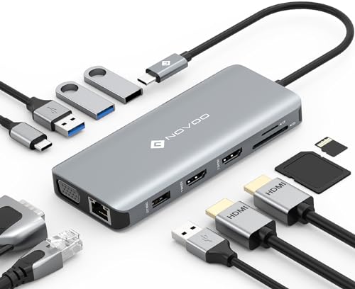 NOVOO USB C Hub mit Dual HDMI 4K, Docking Station USB C 11-in-1 mit RJ45 Gigabit Ethernet, 2 USB 3.0, 2 USB 2.0, VGA, Typ C 100 W PD, SD/TF-Karten-Adapter für MacBook Pro/Air, Dell, Lenovo NOVOO USB C Hub mit Dual HDMI 4K, Docking Station USB C 11-in-1 mit RJ45 Gigabit Ethernet, 2 USB 3.0, 2 USB 2.0, VGA, Typ C 100 W PD, SD/TF-Karten-Adapter für MacBook Pro/Air, Dell, Lenovo von NOVOO