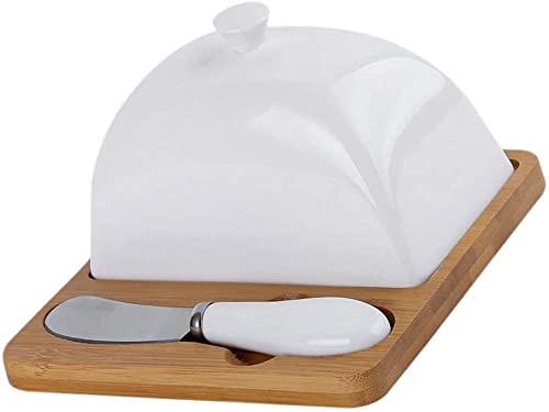 NOVSKI Butterdose mit Deckel und Messerstreuer Set Keramik Butterhalter Behälter mit Holzplatte für Butter Küche Restaurant von NOVSKI