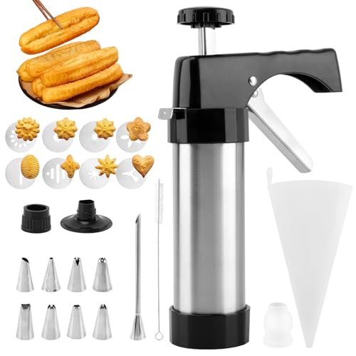 Churro Maker Maschine, Edelstahl Churros Pistolen-Set mit 8 Spritztüllen, 8 Keksscheiben und Reinigungsbürste, 3-in-1 multifunktionale Kekspresse hohl Churro (Farbe: Schwarz + Silber) von NOWHYX