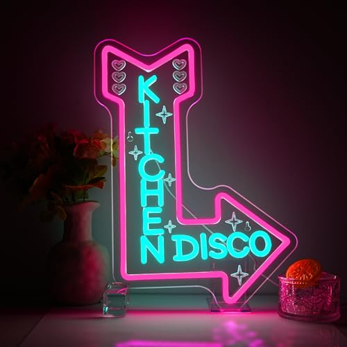 NOXET Kitchen Disco Neon Schild,Disco Neonschild Rosa Pfeil,LED Disco Neon-Schild,Kitchen Leuchtreklame Neonlicht für Wanddekoration,Led Schild Leuchtschriftzug für Küche, Esszimmer, Hausbar,Bistro von NOXET