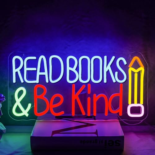 NOXET Read Books Be Kind Neonschilder Dimmbare Klassenzimmer Neon Schild Blau Buchstaben Neonlicht Bleistift Neonschild für Klassenzimmer Lernraum Bibliothek Lese Club Party Neonschild Studieren von NOXET