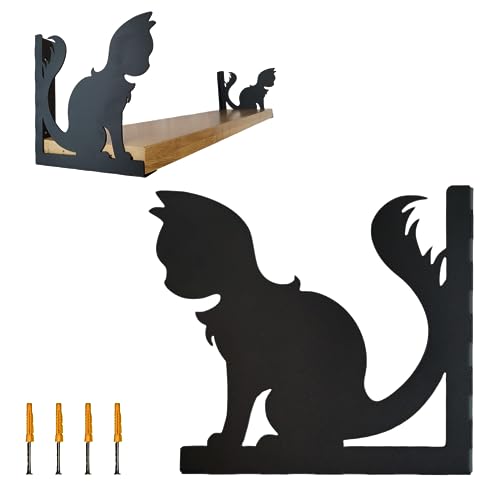 NOXID - Regalwinkel Schwarz Metall - Regalhalter Schwerlast - Verzierte Regalhalterung - Winkelträger - Regalträger Verziert - Regalwinkel Set 2 Stück 20x20cm (Katze) von NOXID