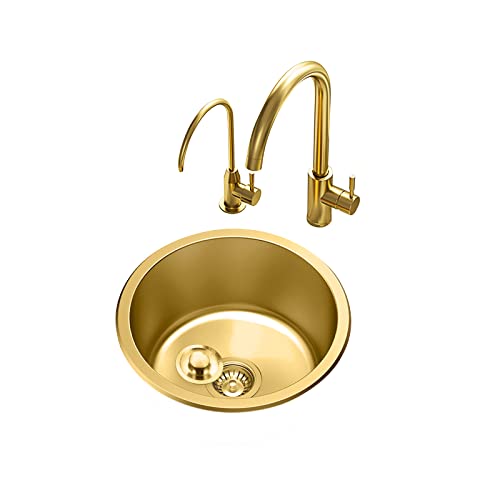 Gold Rundes Waschbecken Küchenrenovierungsbecken Rundes Einzelwaschbecken Kleines Waschbecken mit zwei Wasserhahn Für Badezimmer Gemüse Und Geschirrspülbecken Waschen 1 Becken (36CM, Gold) von NOYHHAV