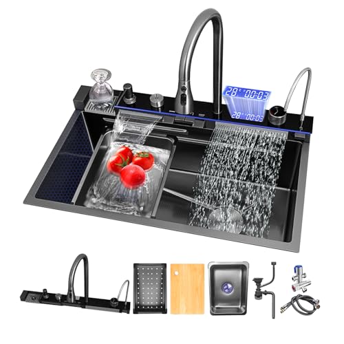 NOYHHAV Spülbecken Tempzeige Geprägte Einzelbecken 304-Edelstahl Multifunktionsspüle Alles-in-einem Wasserhahn mit Glasspüler und zwei Wasserfällen (80 * 46 * 21CM, Schwarzgrau) von NOYHHAV