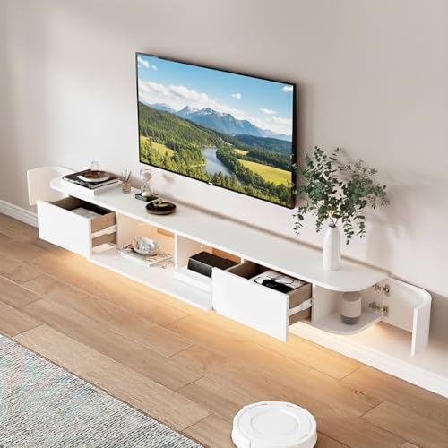 NOYHHAV TV Lowboard Massivholz Fernsehschrank mit 6 Staufächern Lowboard Hängeboard schwebend 200CM Weiß+Licht von NOYHHAV