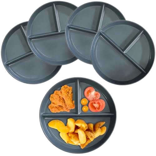 NOZVYCI 23CM Unzerbrechlicher Geteilter Speiseteller mit 3 Fächern Teller mit Unterteilung Mikrowellen-und Spülmaschinenfest Kinder Speiseteller Getrennte Familienteller (Dunkelgrau) von NOZVYCI