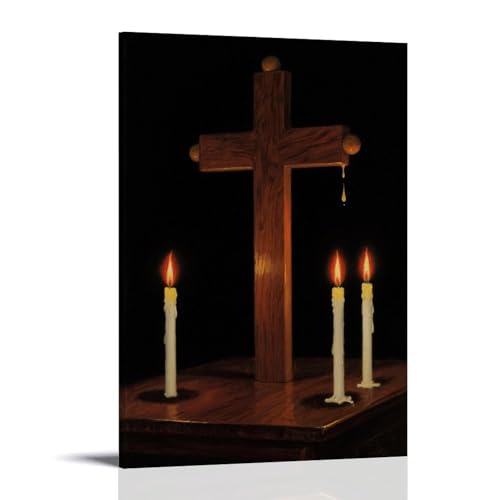 NPEJLCIGH Kreuz, flackerndes Kerzenlicht, Gelb leuchtend, moderne Wanddekoration, künstlerischer Wanddruck, 40 x 60 cm von NPEJLCIGH