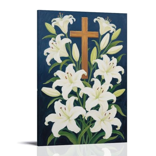 NPEJLCIGH Lilies Around Cross, Pure And Holy Moderne Wanddekoration zum Aufhängen, künstlerischer Wanddruck, 60 x 90 cm von NPEJLCIGH