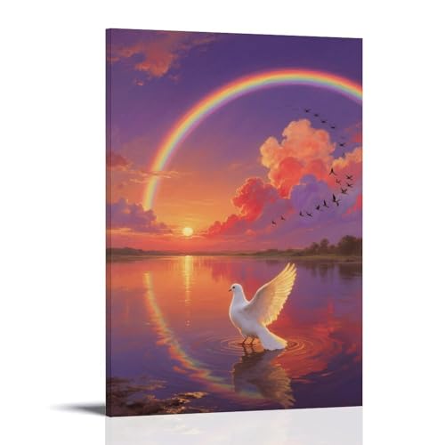 NPEJLCIGH Taube fliegt unter Regenbogen, weiße Wolken im Himmel, moderne Wanddekoration, künstlerischer Wanddruck, 40 x 60 cm von NPEJLCIGH