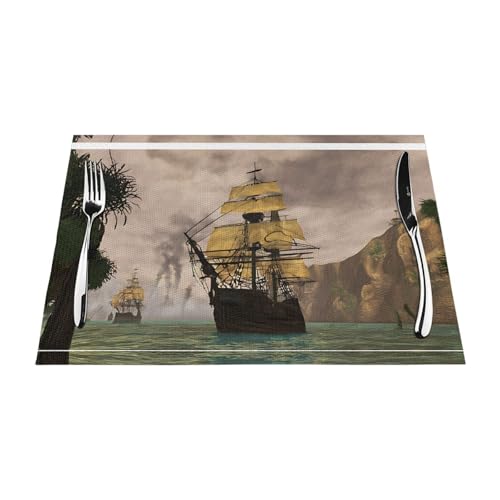 Cooles Piratenschiff-Druck, gewebtes Tischset, langlebig, hitzebeständig, Tischmatte für Esstisch, Küche und Außenbereich, elegantes Design, leicht zu reinigende PVC-Polyester-Matte von NPOREJKNGF
