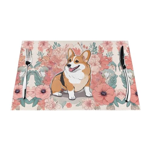 Corgi gewebtes Tischset mit Blumenmuster, langlebig, hitzebeständig, Tischmatte für Esstisch, Küche und Außenbereich, elegantes Design, leicht zu reinigen, PVC-Polyester-Matte von NPOREJKNGF