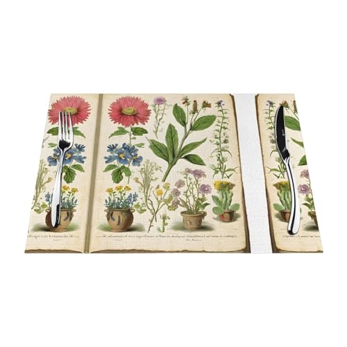 Gewebtes Tischset mit Blumenmuster im alten Buch, langlebig, hitzebeständig, Tischmatte für Esstisch, Küche und Außenbereich, elegantes Design, leicht zu reinigen, PVC-Polyester-Matte von NPOREJKNGF