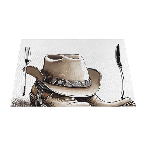 Gewebtes Tischset mit Cowboyhut und Stiefeln, langlebig, hitzebeständig, Tischmatte für Esstisch, Küche und Außenbereich, elegantes Design, leicht zu reinigen, PVC-Polyester-Matte Gewebtes Tischset mit Cowboyhut und Stiefeln, langlebig, hitzebeständig, Tischmatte für Esstisch, Küche und Außenbereich, elegantes Design, leicht zu reinigen, PVC-Polyester-Matte von NPOREJKNGF