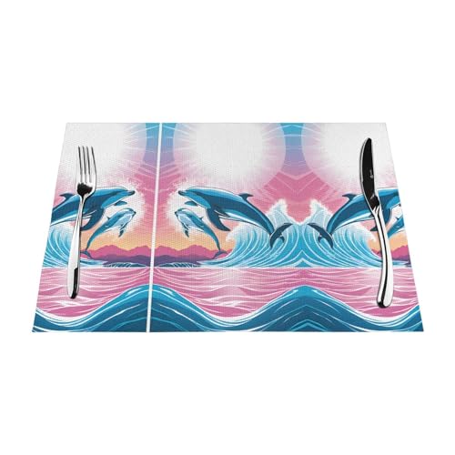 Gewebtes Tischset mit Delfinen in Love Druck, langlebig, hitzebeständig, Tischmatte für Esstisch, Küche und Außenbereich, elegantes Design, leicht zu reinigen, PVC-Polyester-Matte von NPOREJKNGF