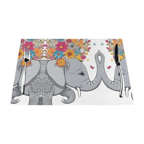 Gewebtes Tischset mit Elefant mit Blumendruck, langlebig, hitzebeständig, Tischmatte für Esstisch, Küche und Außenbereich, elegantes Design, leicht zu reinigen, PVC-Polyester-Matte von NPOREJKNGF