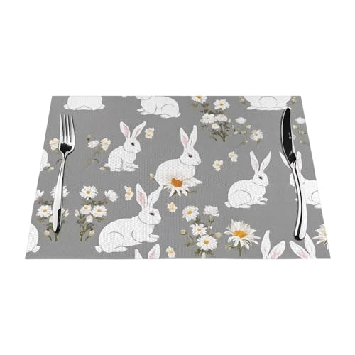 Gewebtes Tischset mit Hasen-Blumendruck, langlebig, hitzebeständig, Tischmatte für Esstisch, Küche und Außenbereich, elegantes Design, leicht zu reinigen, PVC-Polyester-Matte von NPOREJKNGF
