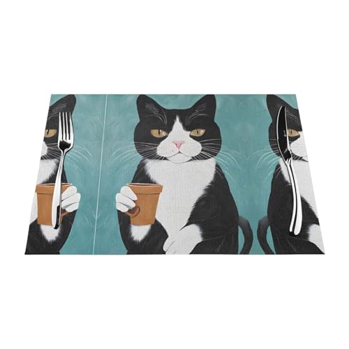 Gewebtes Tischset mit Katzendruck, langlebig, hitzebeständig, Tischmatte für Esstisch, Küche und Außenbereich, elegantes Design, leicht zu reinigen, PVC-Polyester-Matte von NPOREJKNGF