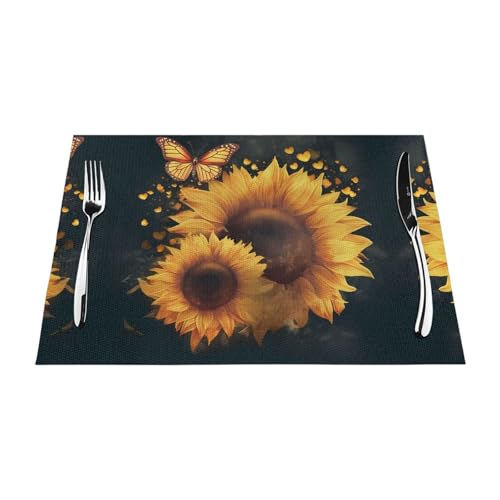 Gewebtes Tischset mit Schmetterlingen und Sonnenblumen, langlebig, hitzebeständig, Tischmatte für Esstisch, Küche und Außenbereich, elegantes Design, leicht zu reinigen, PVC-Polyester-Matte von NPOREJKNGF