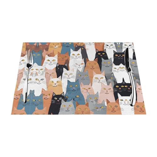 Gewebtes Tischset mit buntem Cartoon-Katzen-Druck, langlebig, hitzebeständig, Tischmatte für Esstisch, Küche und Außenbereich, elegantes Design, leicht zu reinigen, PVC-Polyester-Matte von NPOREJKNGF