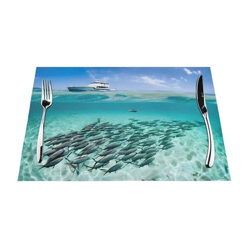 Gewebtes Tischset mit buntem Fisch-Druck, langlebig, hitzebeständig, Tischmatte für Esstisch, Küche und Außenbereich, elegantes Design, leicht zu reinigen, PVC-Polyester-Matte von NPOREJKNGF