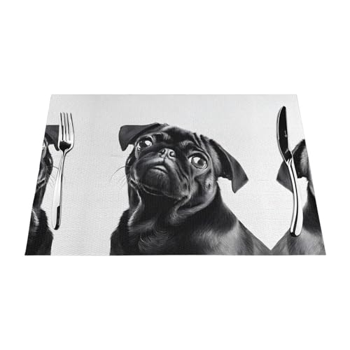 Tischset mit niedlichem Mops-Aufdruck, gewebt, langlebig, hitzebeständig, Tischmatte für Esstisch, Küche und Außenbereich, elegantes Design, leicht zu reinigen, PVC-Polyester-Matte von NPOREJKNGF