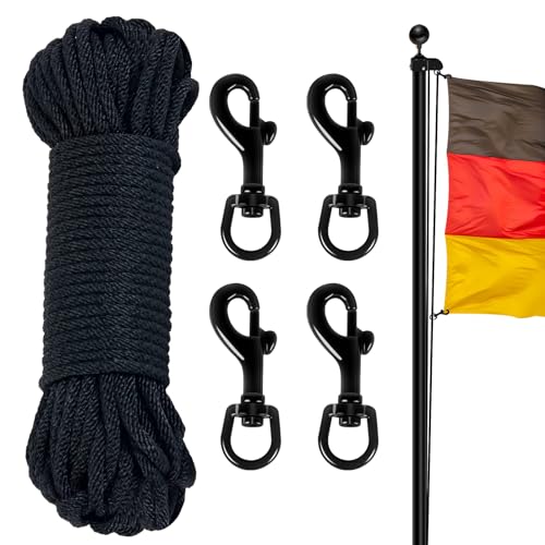 NQ 15M Fahnenmast Seil Wetterfest mit 4 Karabinerhaken, Nylon Flaggenseil für Haus Außenbereich, Fahnenmast Zubehör mit 4 Haken Flag Rope (Schwarz) von NQ