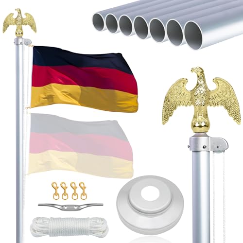 NQ Fahnenmast 6M stabil mit Adler, 5CM Durchmesser 20FT Aluminium Fahnenstange Höhenverstellbar, Flaggenmast Set für Außenbereich, Deutscher Fahnenmast(Silber) von NQ
