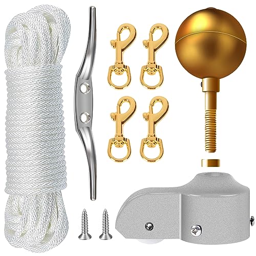 NQ Fahnenmast Zubehör Set,Fahnenmast Reparaturset,Fahnenmast-Reparaturteile inkl.Kugel,Seil,Karabiner, Klampe,Topper aus Aluminium mit Seilrolle Flag Parts(Gold) von NQ