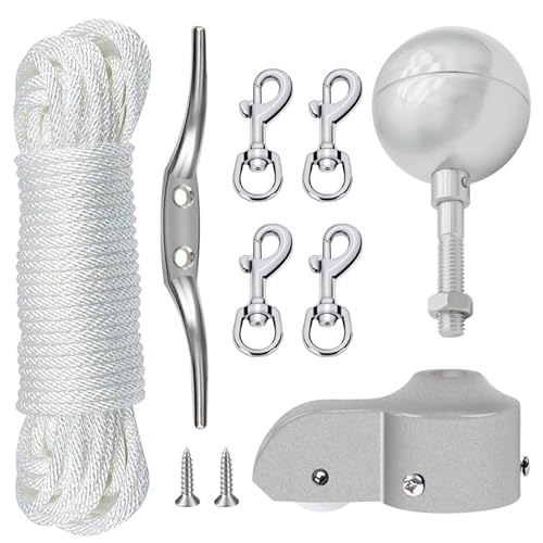 NQ Fahnenmast Zubehör Set,Fahnenmast Reparaturset,Fahnenmast-Reparaturteile inkl.Kugel,Seil,Karabiner, Klampe,Topper aus Aluminium mit Seilrolle Flag Parts Kit(Silver) von NQ