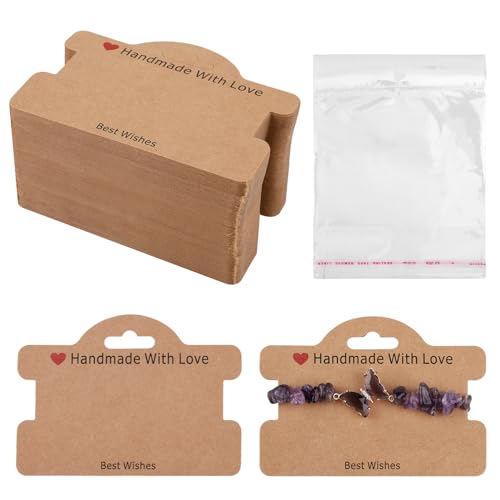 100 Sets Armbandverpackung, braune Armbanddisplaykarten mit transparenten Beuteln Armbandkarten mit Grüßen Mehrzweckdisplaykarten für Armbänder Halsketten Haarbänder von NQEUEPN