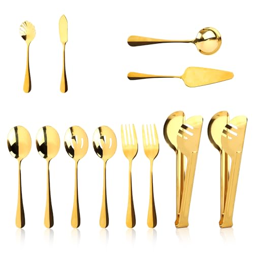 12 Stück Goldenes Servierbesteck Set, Edelstahl Besteckset Inklusive Serviergabeln Schaumlöffel Zange Buttermesser Tortenheber Suppenkelle für Party Buffet Bankett Küche Hotels von NQEUEPN