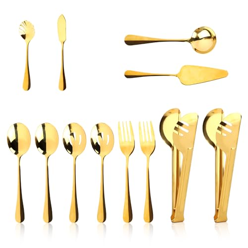 12 Stück Goldenes Servierbesteck Set, Edelstahl Besteckset Inklusive Serviergabeln Schaumlöffel Zange Buttermesser Tortenheber Suppenkelle für Party Buffet Bankett Küche Hotels von NQEUEPN