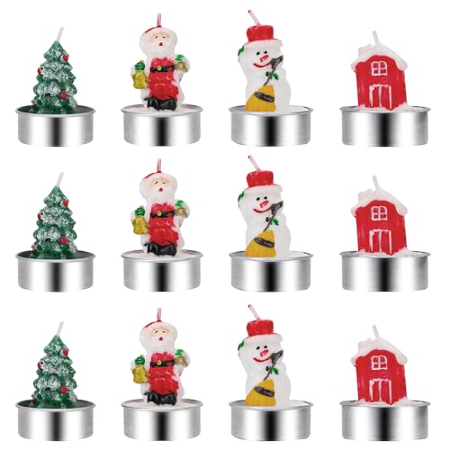 12 Stück Weihnachtliche Kerzen, Schneemann, Weihnachtsmann, Hütte, Weihnachtsbaumkerzen Neuartige Weihnachts Teelichtkerzen Ornament für Zuhause, Party Dekoration von NQEUEPN