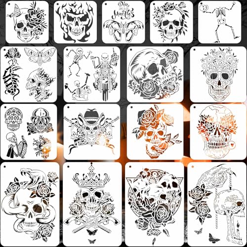 17stk Halloween-Schablonen, Wiederverwendbare Plastik-Schnitzschablonen Totenkopf Blumen Schmetterlingen Zeichenvorlagen Quadratische Schablonen Schilder Malen auf Holz für Scrapbook-Karten 17stk Halloween-Schablonen, Wiederverwendbare Plastik-Schnitzschablonen Totenkopf Blumen Schmetterlingen Zeichenvorlagen Quadratische Schablonen Schilder Malen auf Holz für Scrapbook-Karten von NQEUEPN