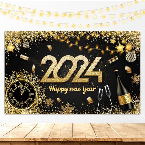 180x110cm Banner "Frohes Neues Jahr 2024", Großer Happy New Year Hintergrund Schwarz und Gold Silvesterdekoration Feiertagsflaggenschild für Partyzubehör Fotografie-Hintergrund von NQEUEPN