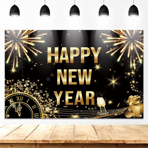 180x115cm Banner Frohes Neues Jahr, Groß Goldfarben Hintergrund Happy New Year Silvesterdekoration 2024 Partyzubehör Feuerwerk Uhr Schwarzer Hintergrund Feiertagsschild Foto-Requisiten von NQEUEPN