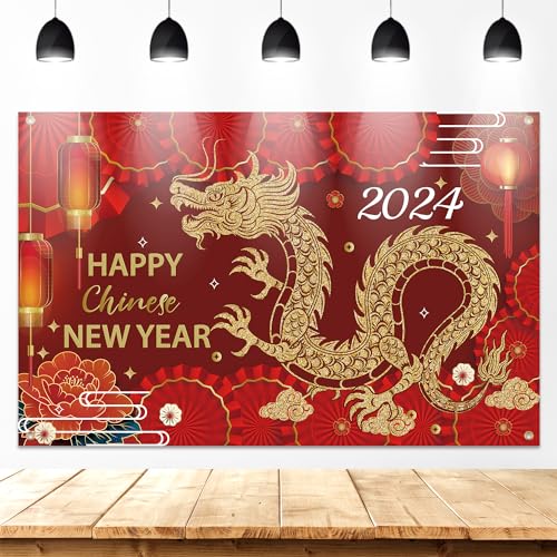 180x115cm Banner Frohes Neues Jahr, Hintergrund Happy Chinese New Year 2024, Dekorationszubehör für Silvesterparty Drache Laterne Roter Hintergrund Foto-Requisiten von NQEUEPN